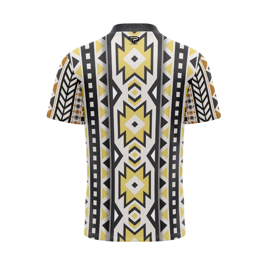 Short-sleeve shirt with geometric pattern on a white background