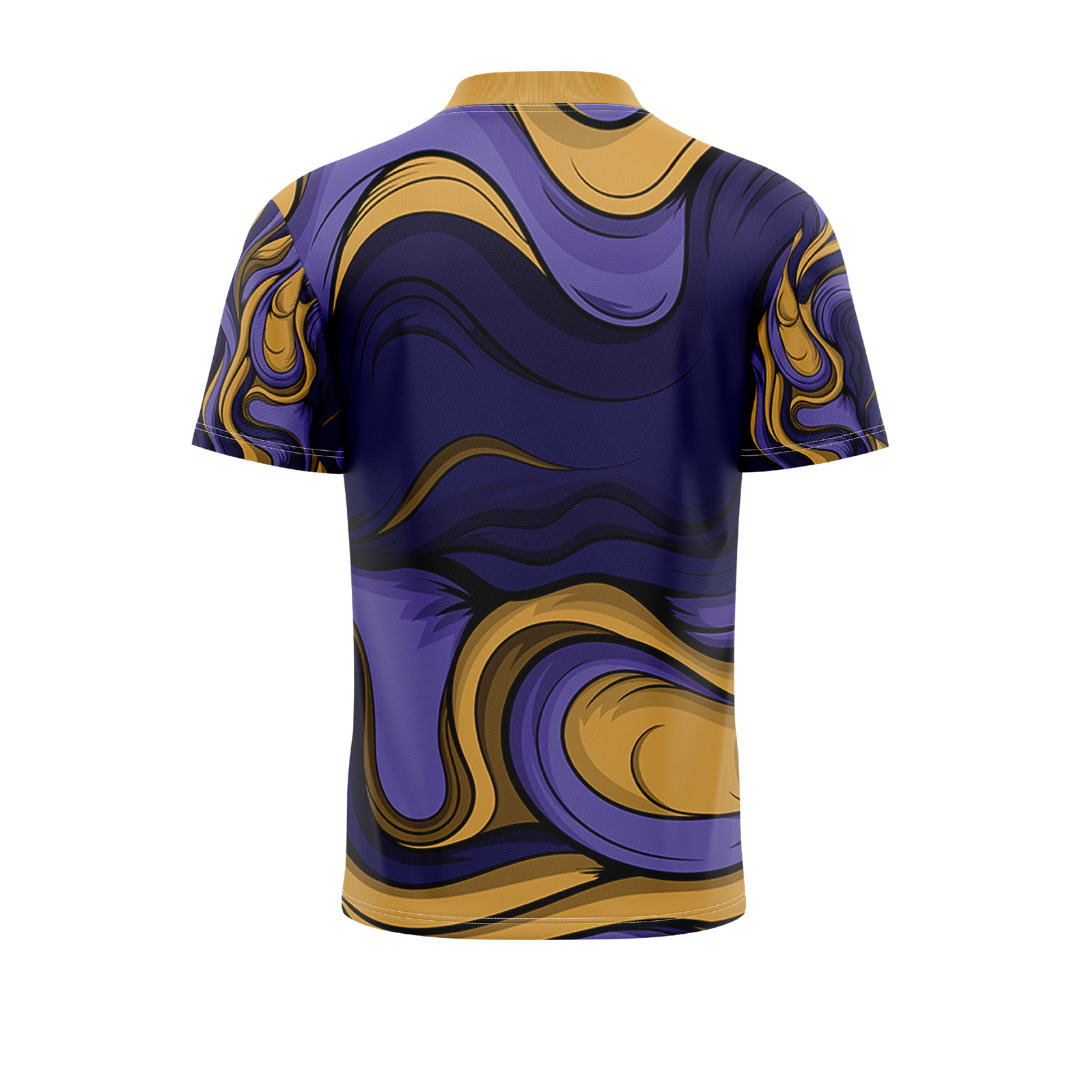 Short-sleeve shirt with purple and gold abstract pattern on a white background