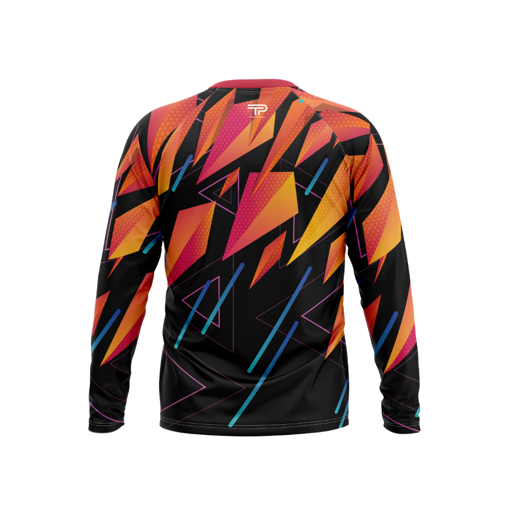 Colorful geometric patterned long-sleeve shirt on a white background