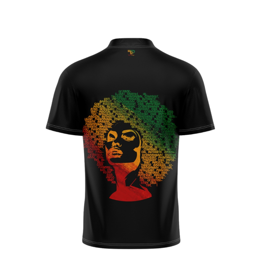 Black t-shirt with a colorful graphic of a face and afro on a white background