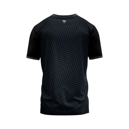 Black athletic shirt with geometric pattern on a white background