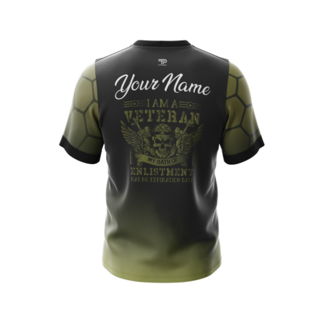 Back view of 'I am a Veteran' Bowling Jersey showcasing breathable fabric.