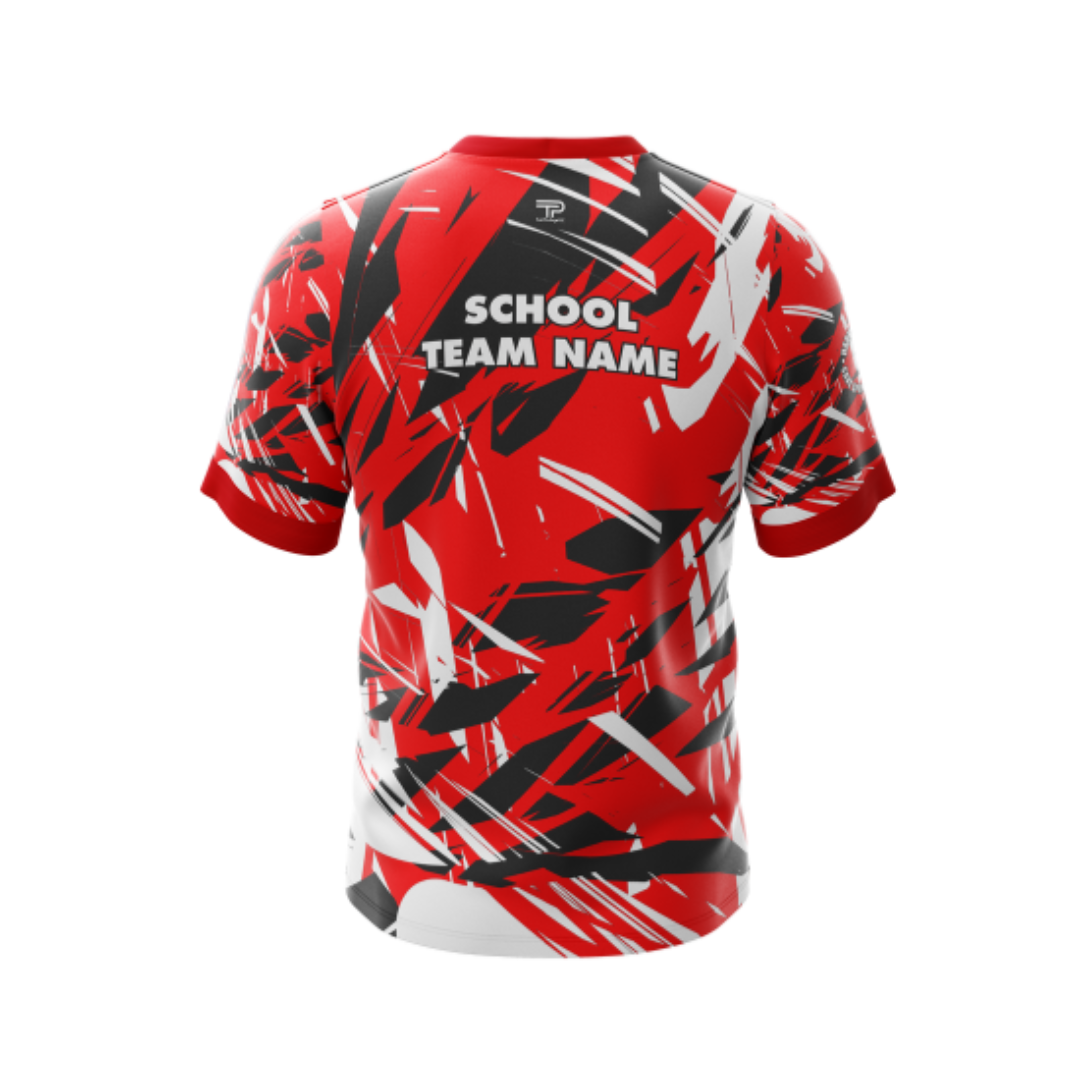 Back view of Men's Red Abstract Athletic Jersey highlighting durable construction