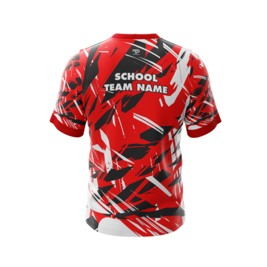 Back view of Men's Red Abstract Athletic Jersey highlighting durable construction