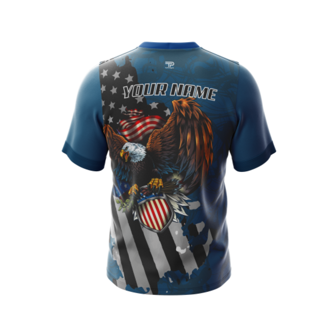 Back view of Military Blue Eagle Bowling Jersey showcasing stretch fit for smooth bowling movements.