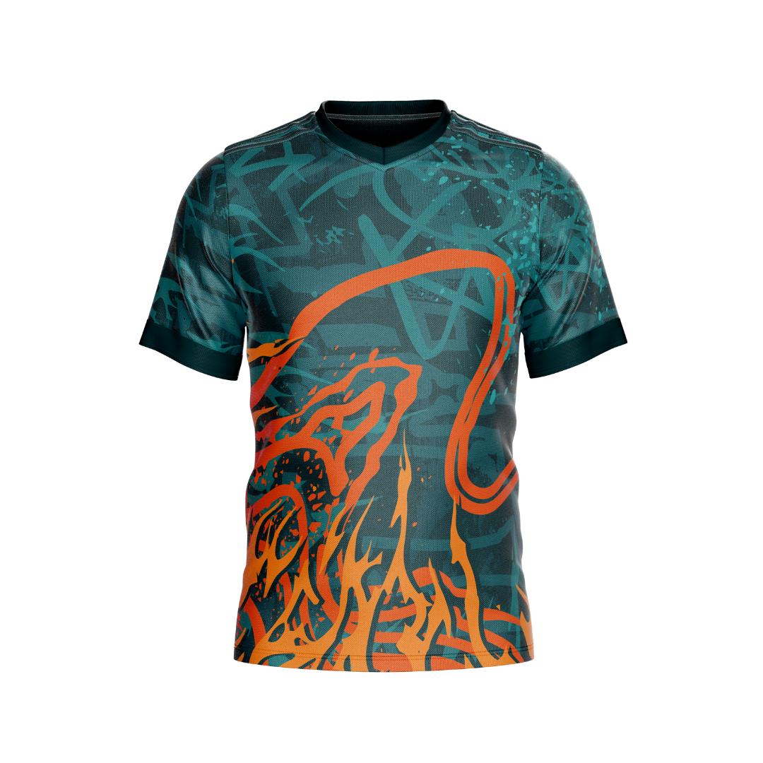 Elastic Flames Premium Jersey showcasing its bold flame design.