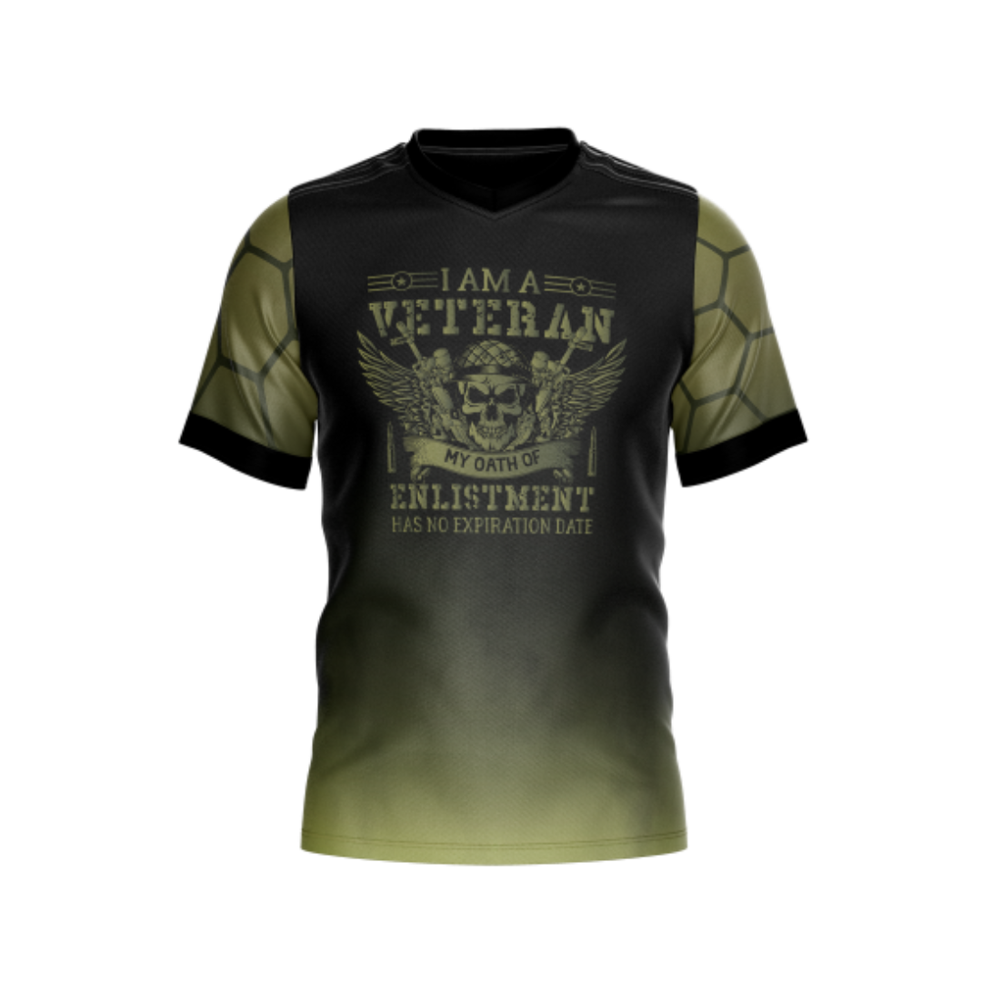 Front view of 'I am a Veteran' Bowling Jersey featuring patriotic design.