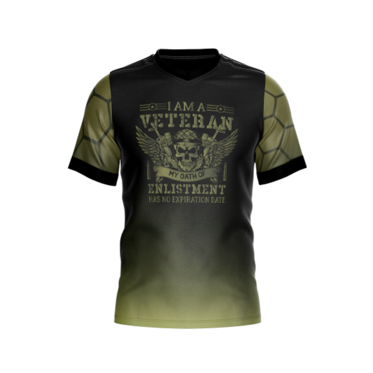 Front view of 'I am a Veteran' Bowling Jersey featuring patriotic design.