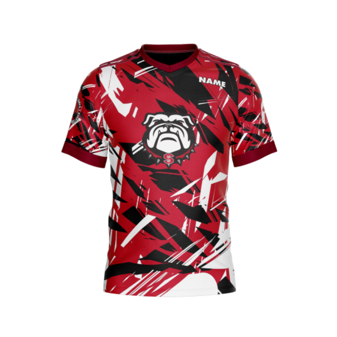 Front view of Men's Red Abstract Athletic Jersey showcasing moisture-wicking fabric
