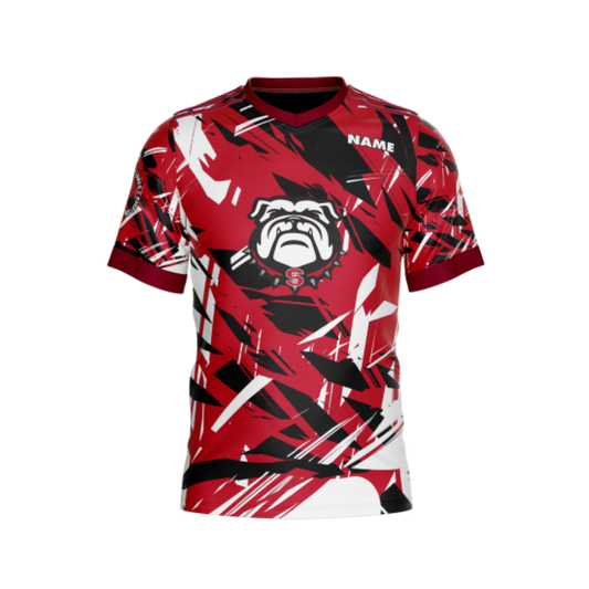 Front view of Men's Red Abstract Athletic Jersey showcasing moisture-wicking fabric