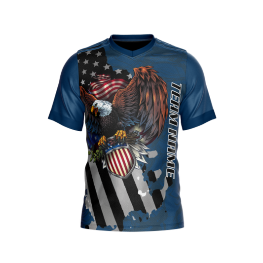 Front view of Military Blue Eagle Bowling Jersey highlighting moisture-wicking performance fabric.