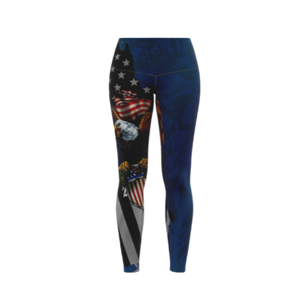 Front view of Military Blue Eagle Bowling Leggings featuring a patriotic eagle design and compression fit.