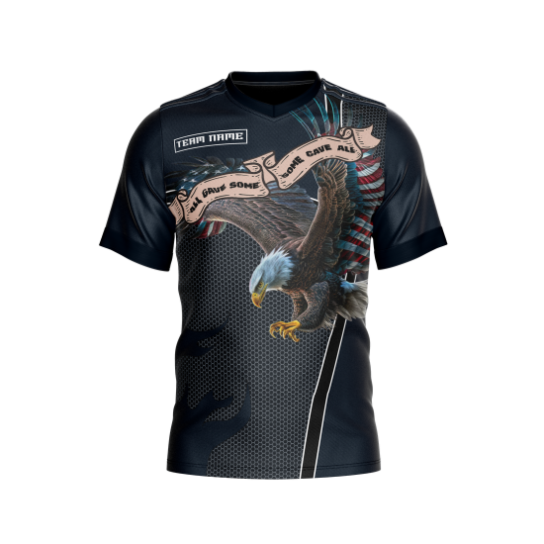 Front view of Military Indigo Eagle Bowling Jersey highlighting moisture-wicking performance fabric.