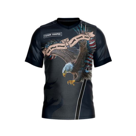 Front view of Military Indigo Eagle Bowling Jersey highlighting moisture-wicking performance fabric.