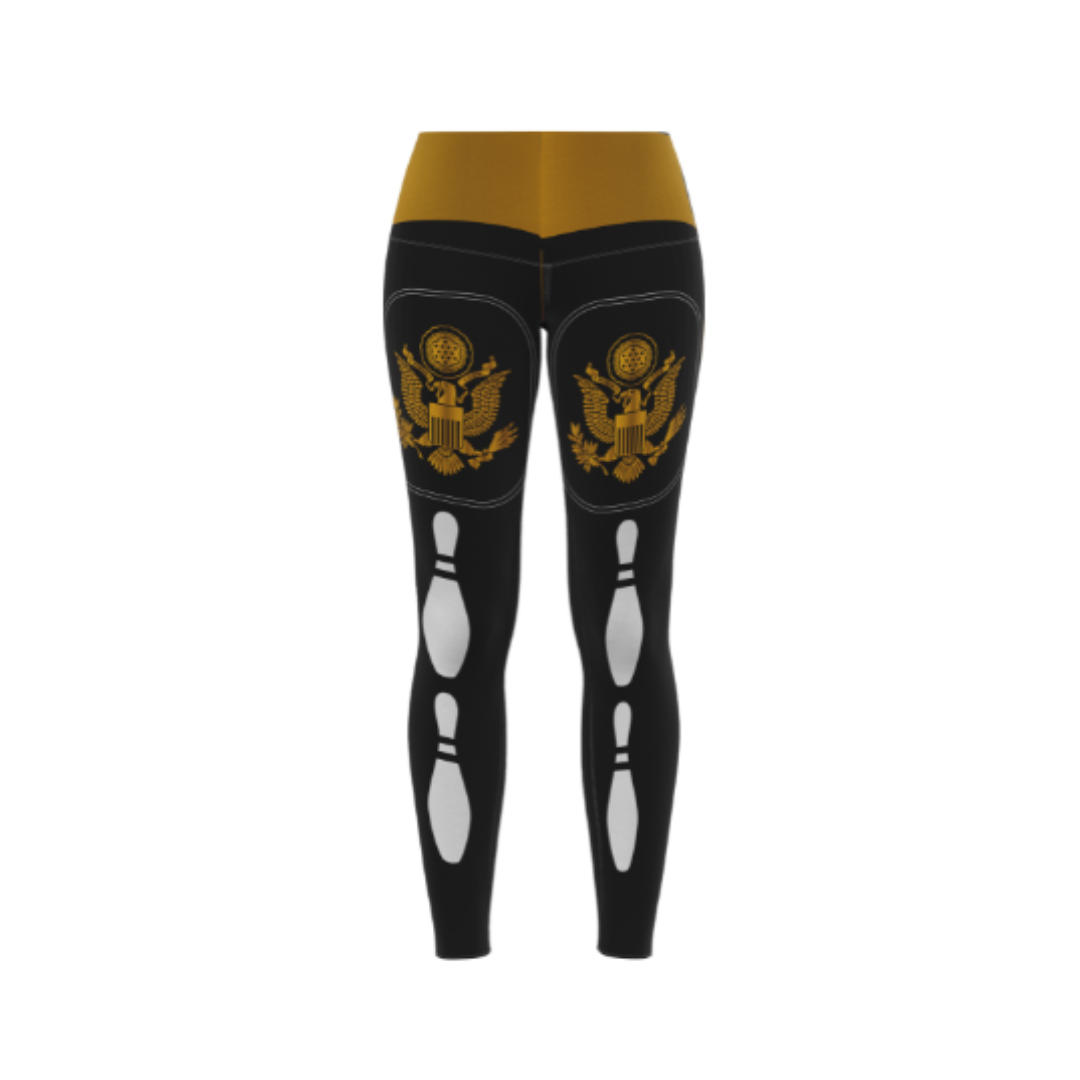 Front view of Yellow Badge Bowling Leggings with compression fit and high-stretch fabric for performance.