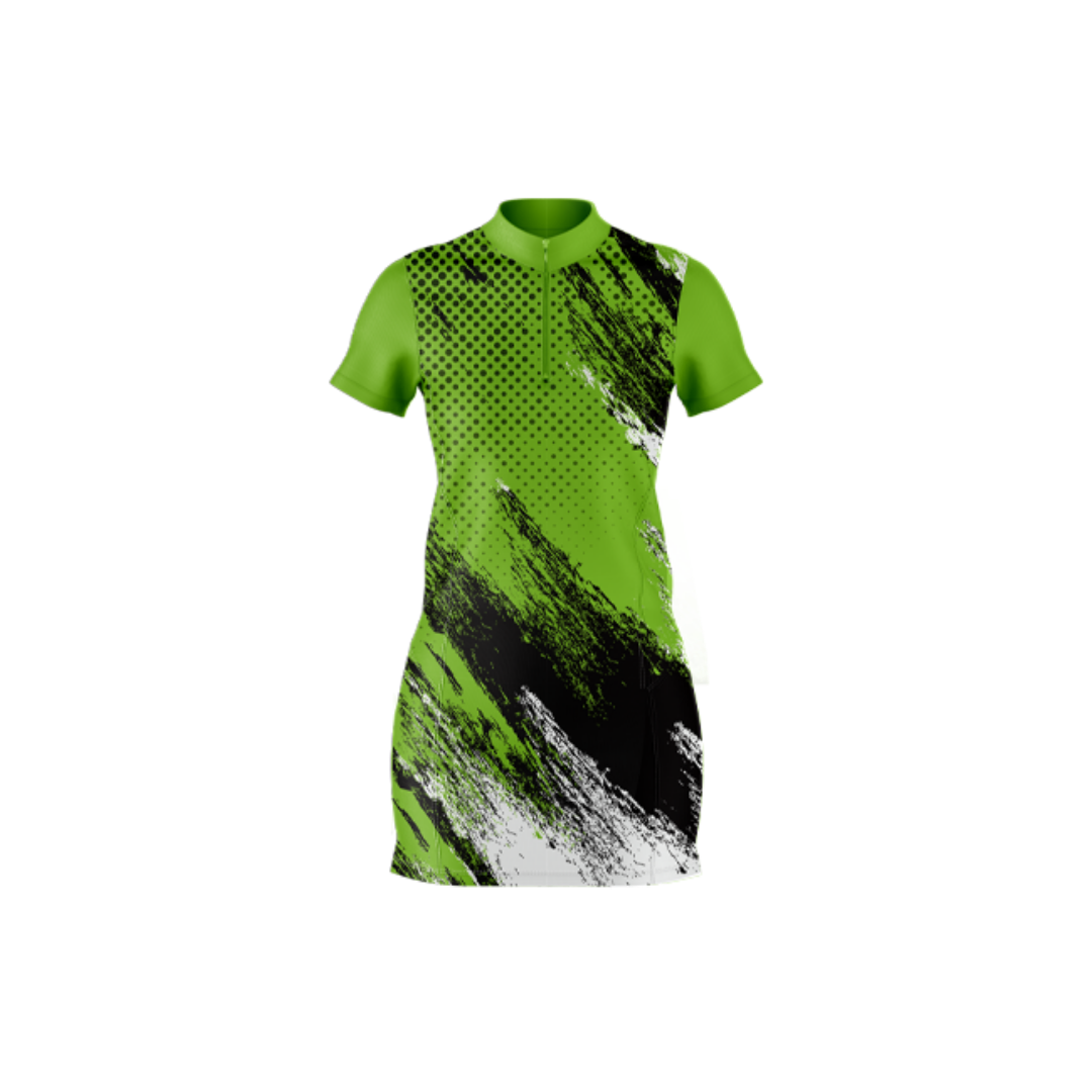 Green and black dress with abstract pattern on a white background