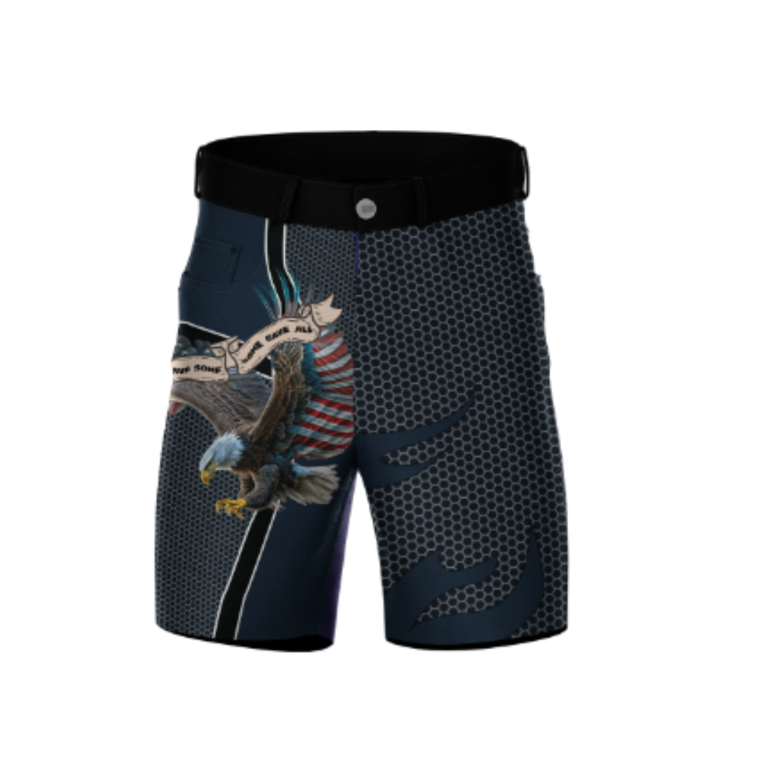 Military Indigo Eagle Bowling Shorts with moisture-wicking fabric and bold graphics