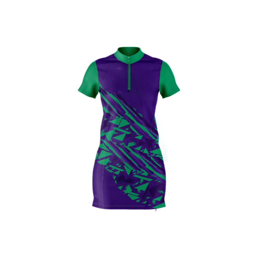 Purple and green dress with a geometric pattern on a white background