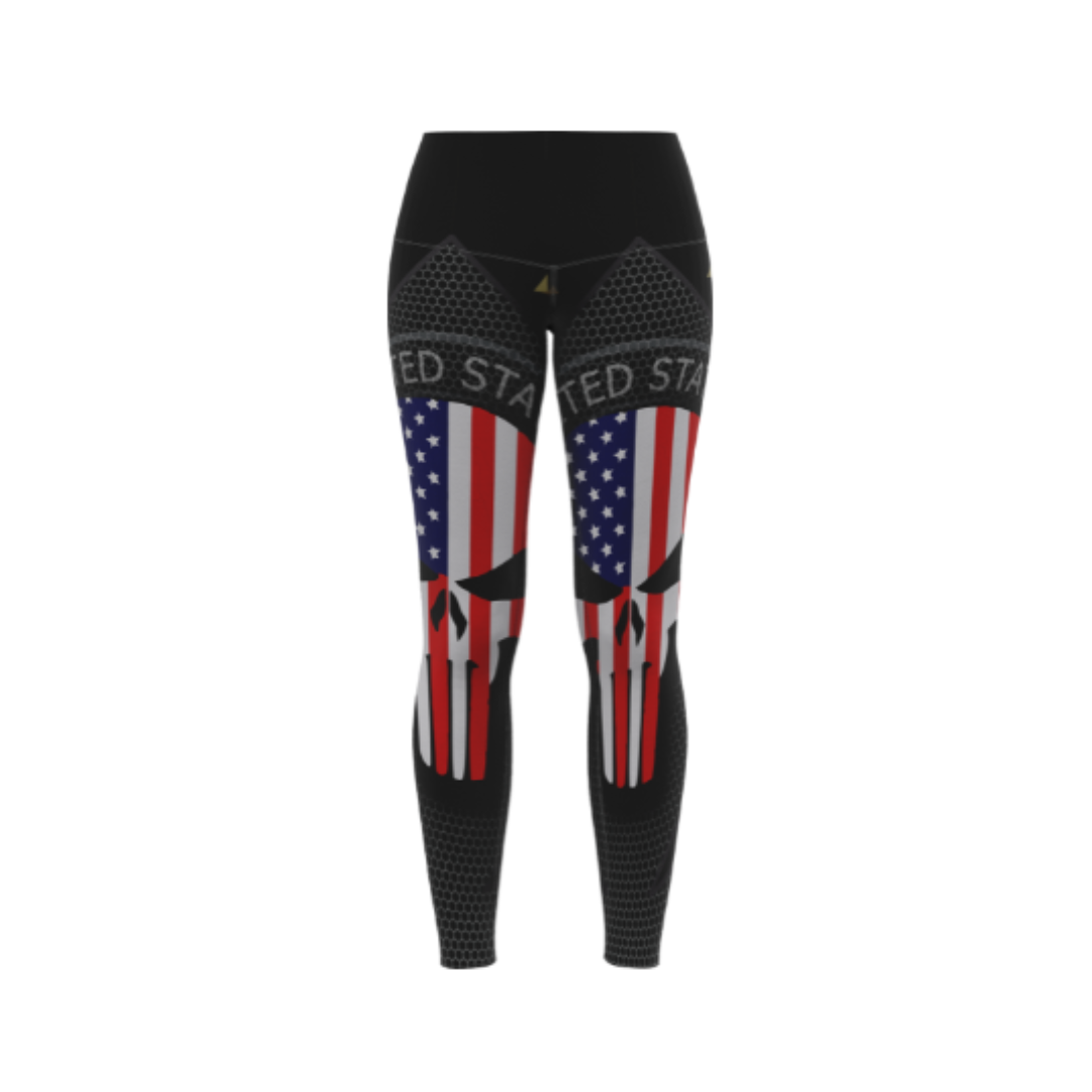 The Skull Military Bowling Leggings with bold skull design, moisture-wicking fabric, and a stretch fit.