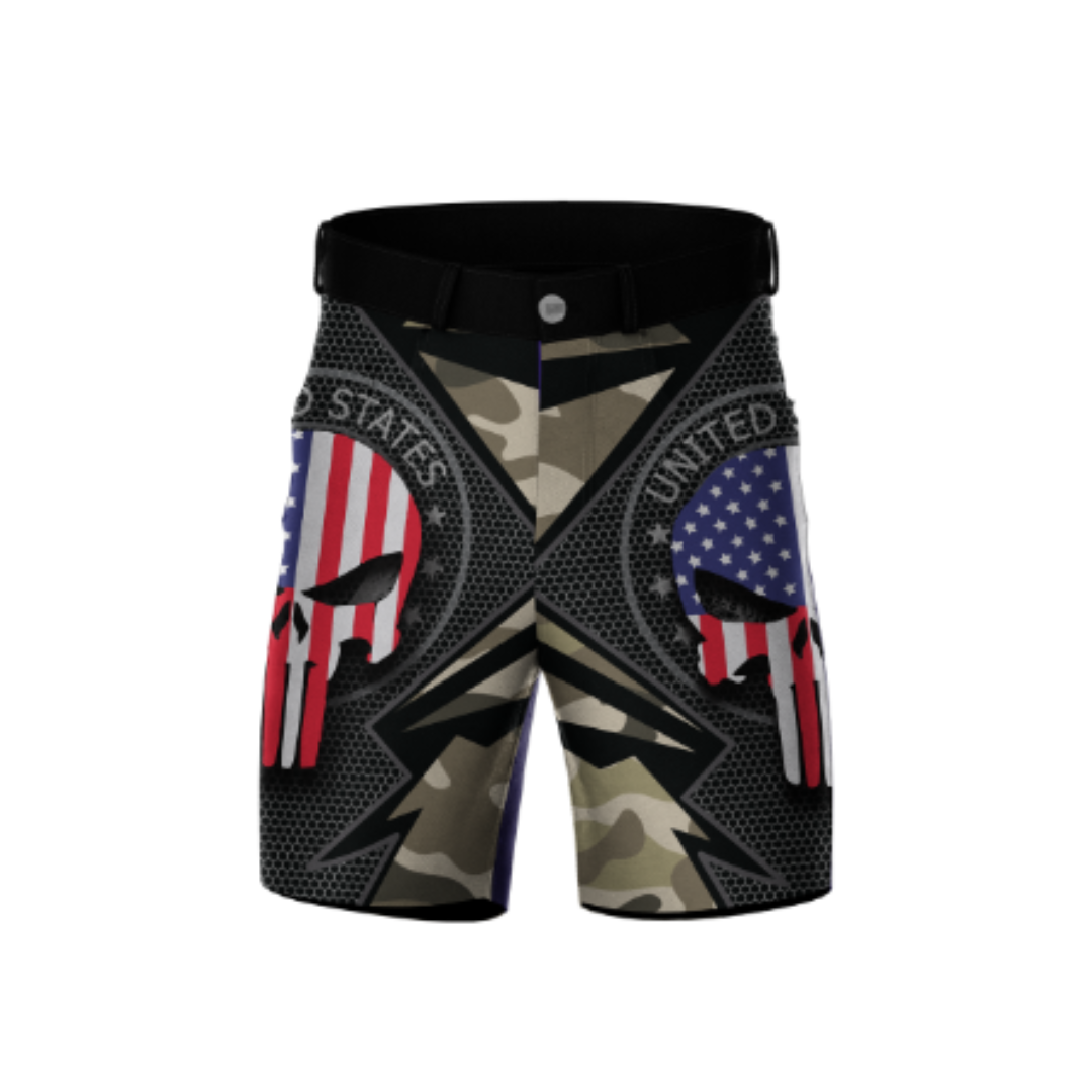 The Skull Military Bowling Shorts featuring a bold skull design and breathable fabric