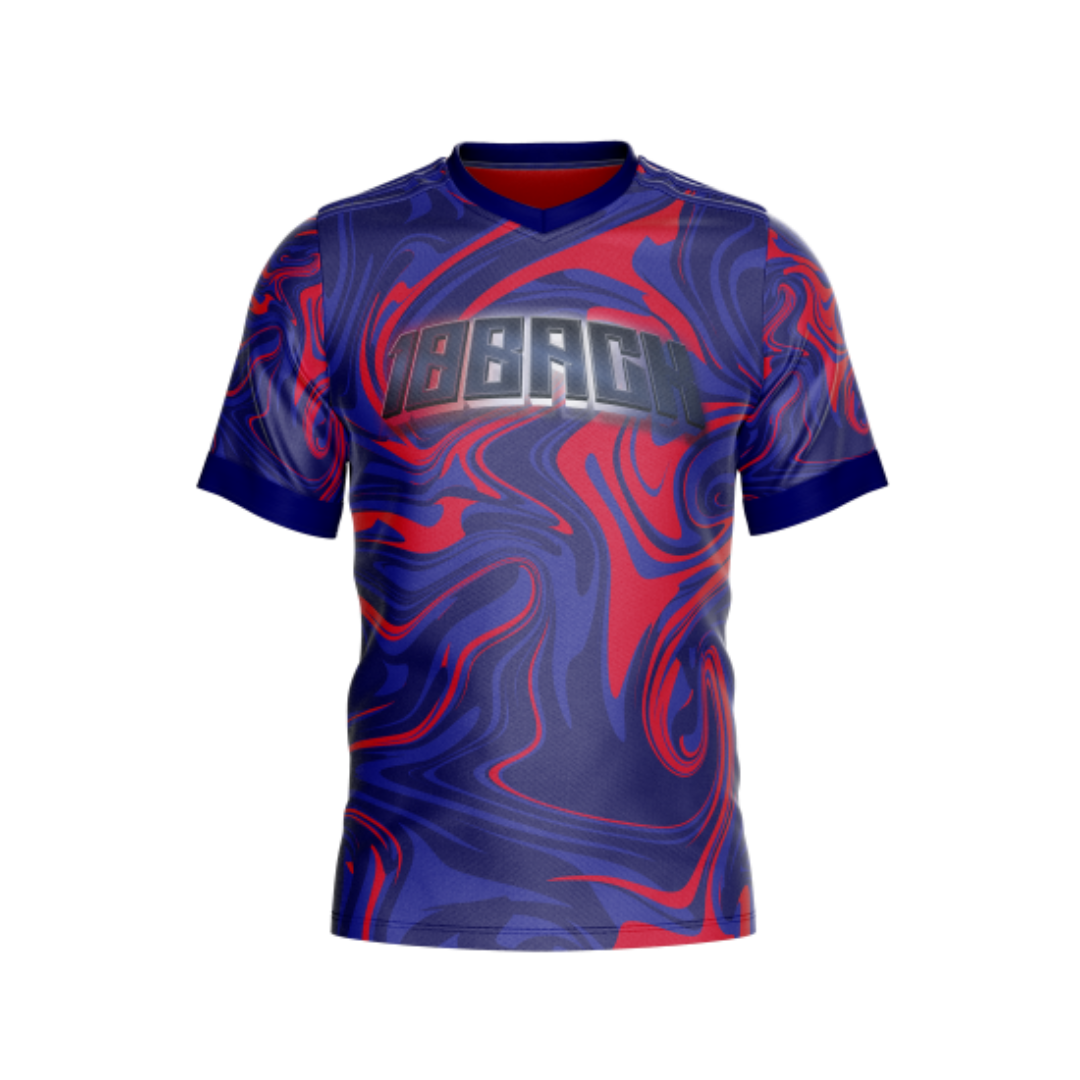 Blue Red Marble F Premium Jersey front view showcasing dynamic design.
