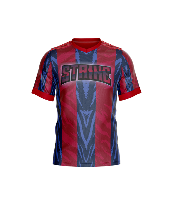A sports uniform consisting of a red and blue striped jersey with the text 'STRONGER' on the front.