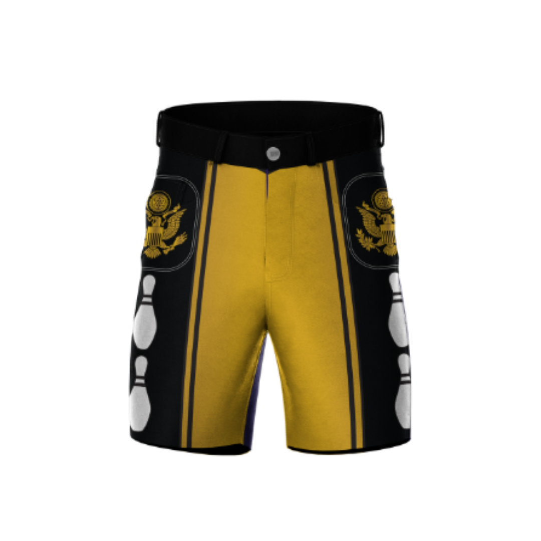 Yellow Badge Bowling Shorts featuring breathable fabric and stretch fit for comfort
