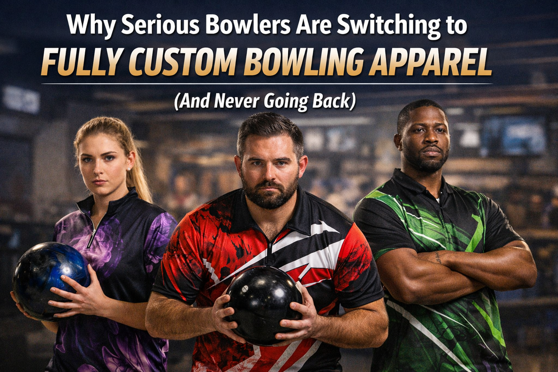 Custom bowling team wearing professional personalized jerseys in a bowling alley