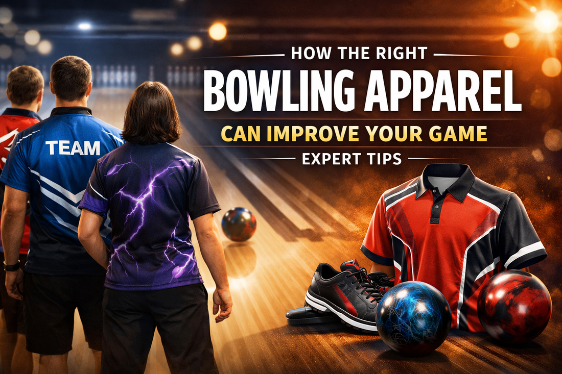 Professional bowlers wearing custom jerseys on a bowling lane with performance bowling apparel and gear displayed beside bold blog title text.