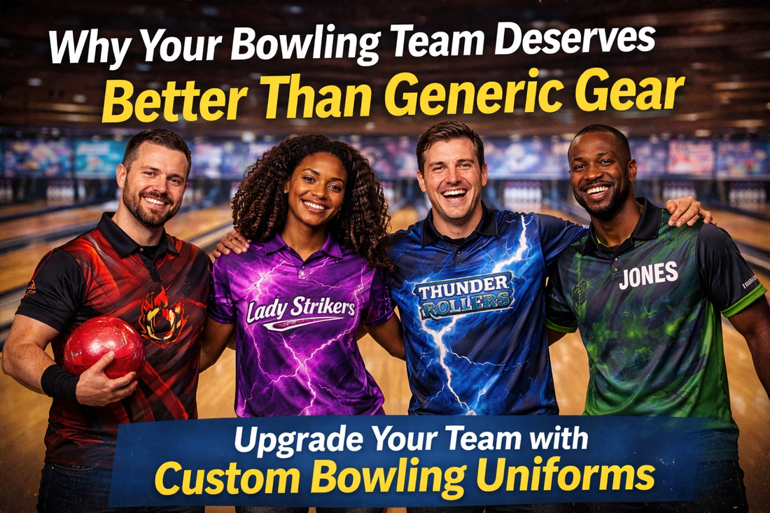 Four bowlers wearing vibrant custom uniforms pose together in a bowling alley under the headline "Why Your Bowling Team Deserves Better Than Generic Gear."