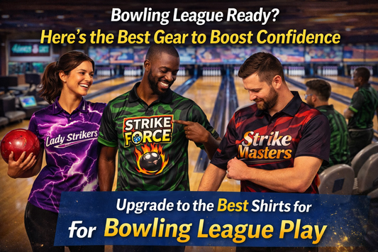 Three bowlers wearing bold custom league shirts stand on the lanes, highlighting premium gear designed to boost confidence for bowling league play.