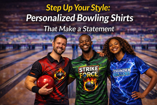 Three bowlers wearing personalized bowling shirts stand together on the lanes, showcasing bold custom styles that make a statement.
