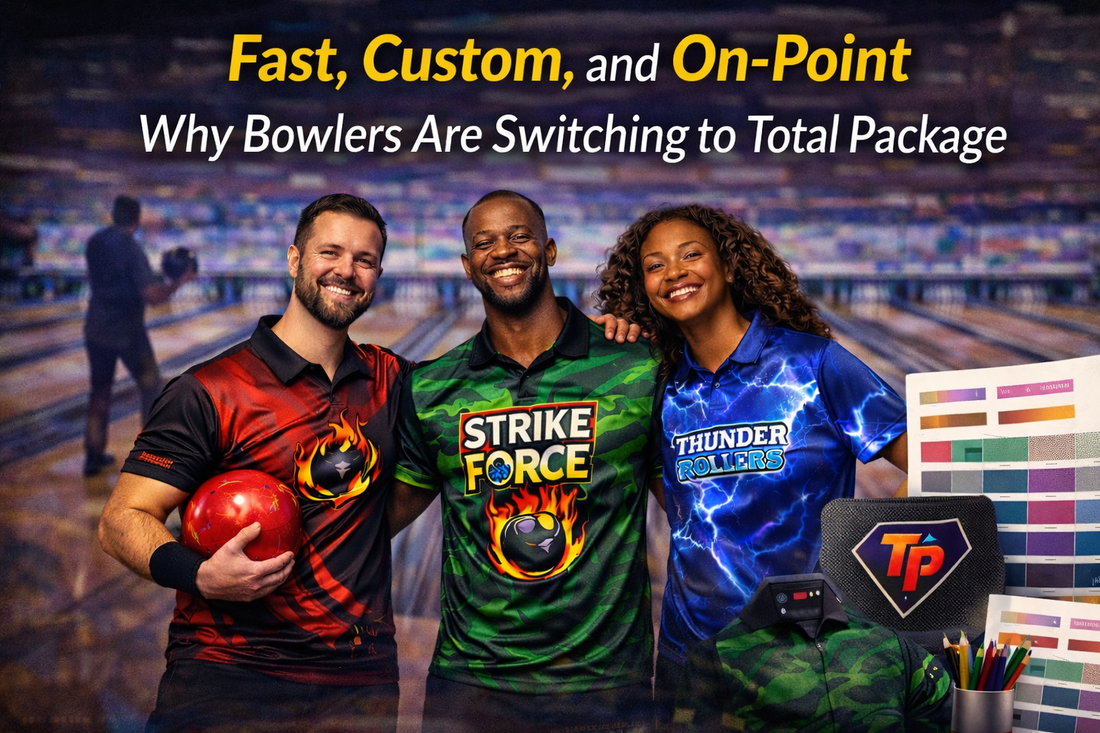 Three bowlers wearing custom bowling shirts stand on the lanes with design samples, highlighting fast, high-quality custom apparel from Total Package.