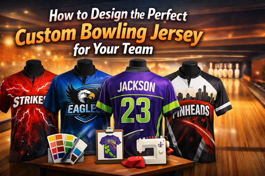 Alt text: Custom bowling jerseys displayed in a bowling alley showing different team designs and personalization options.