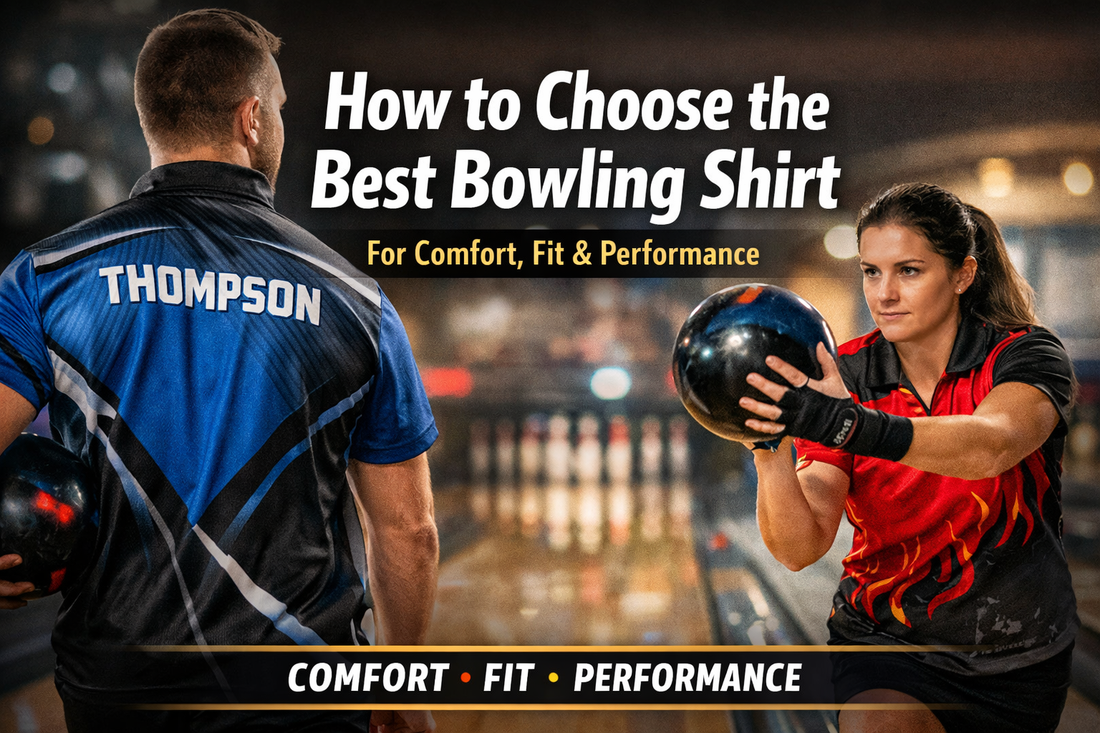 Bowling players wearing custom performance shirts demonstrating comfort, fit, and style on the lanes