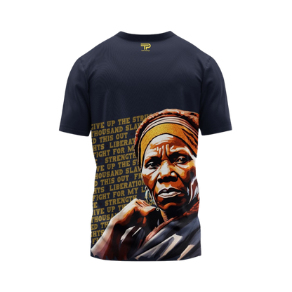 Black t-shirt with a graphic of a woman's face and text on a white background