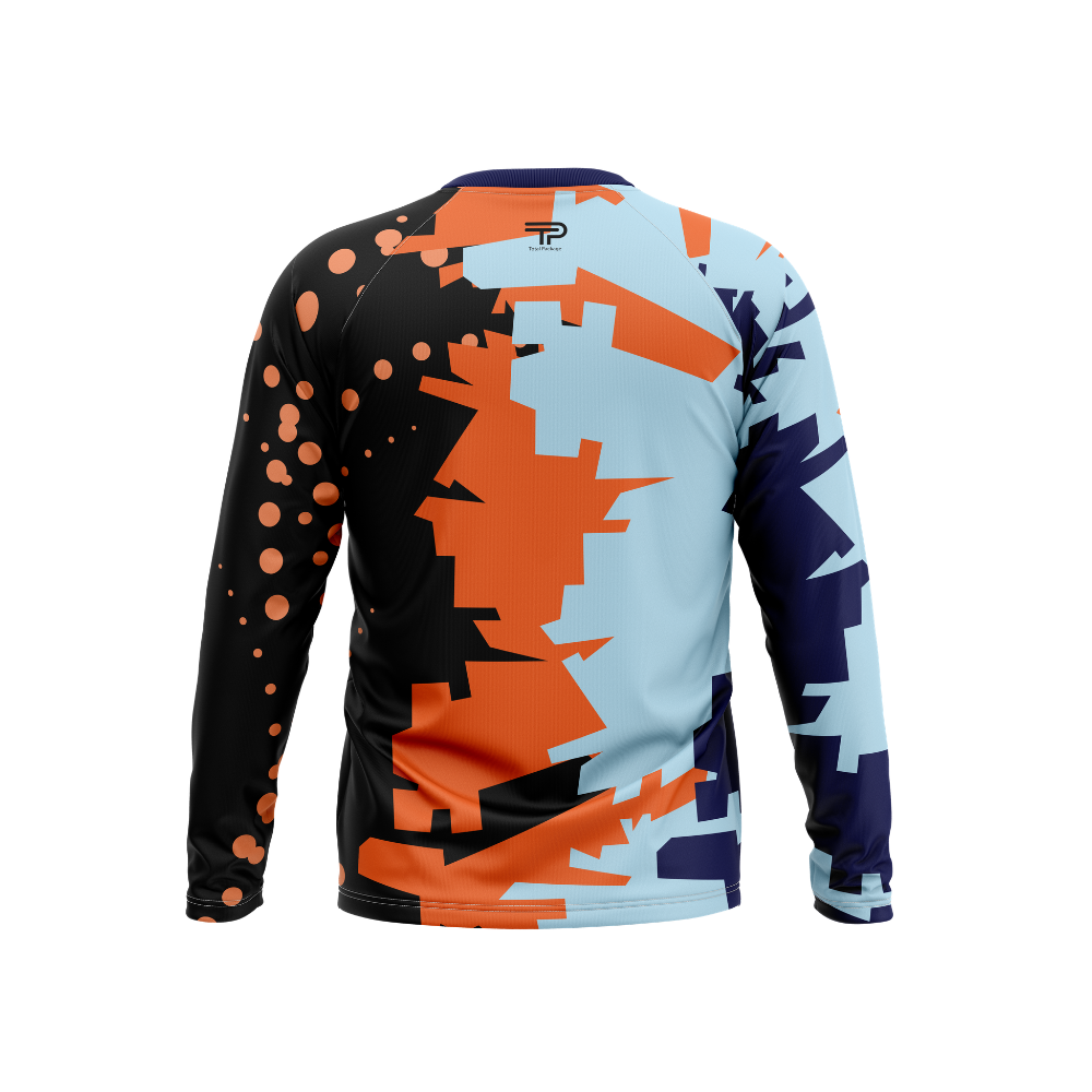 Colorful long-sleeve shirt with geometric pattern on a white background