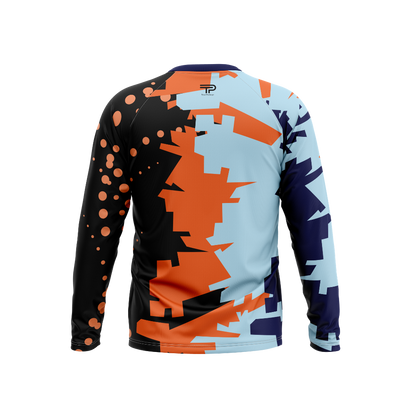 Colorful long-sleeve shirt with geometric pattern on a white background