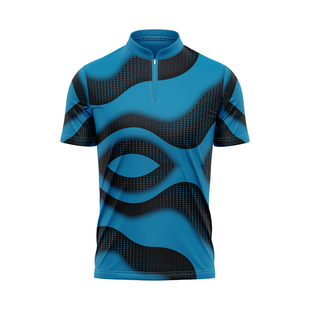 Blue and black patterned short-sleeve shirt on a white background