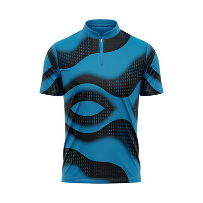 Blue and black patterned short-sleeve shirt on a white background