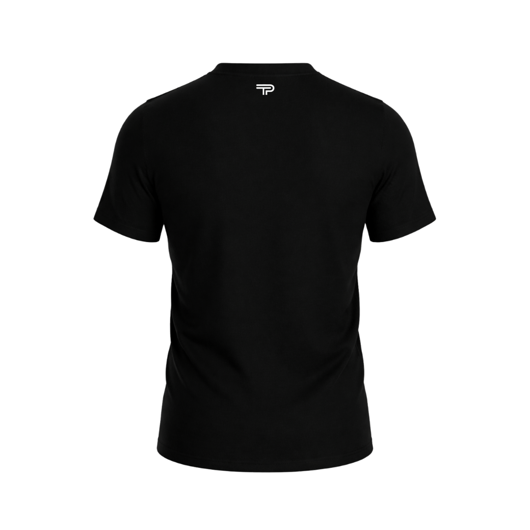 Black t-shirt with a logo on the chest against a white background