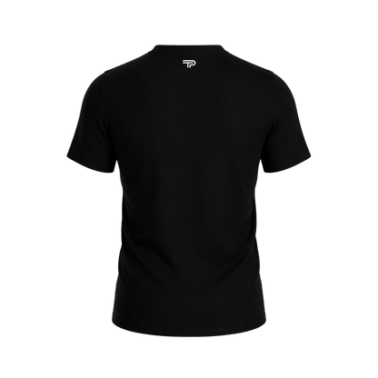 Black t-shirt with a logo on the chest against a white background