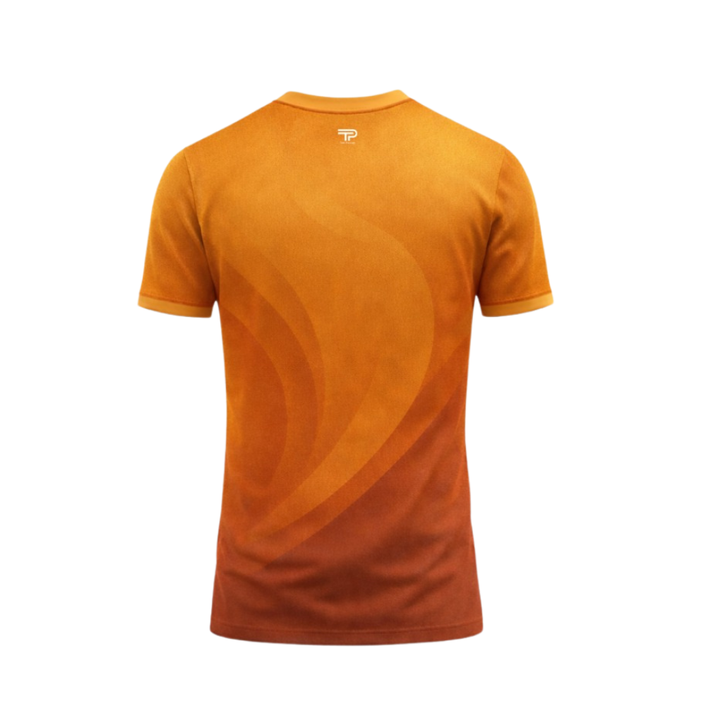 Orange t-shirt with a logo on the chest against a white background