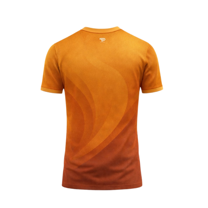 Orange t-shirt with a logo on the chest against a white background