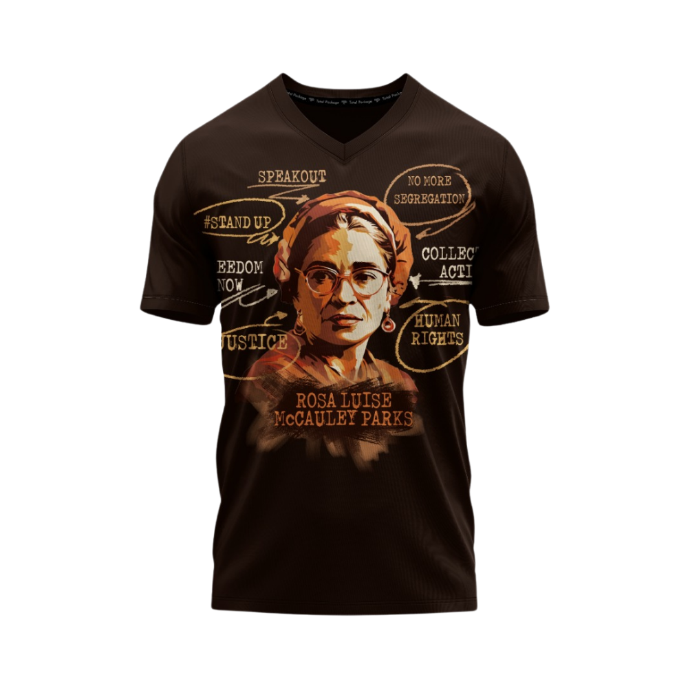 Black t-shirt with a graphic design featuring a historical figure and text on a white background