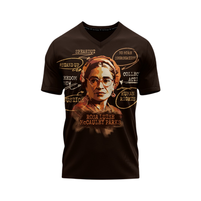 Black t-shirt with a graphic design featuring a historical figure and text on a white background