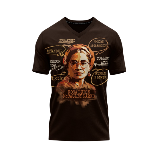 Black t-shirt with a graphic design featuring a historical figure and text on a white background