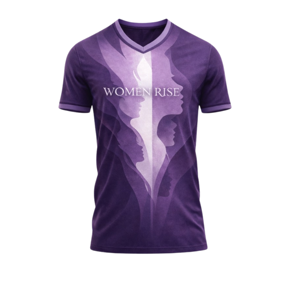Purple t-shirt with 'WOMEN RISE' text and silhouette design on a white background