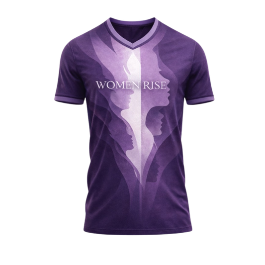 Purple t-shirt with 'WOMEN RISE' text and silhouette design on a white background