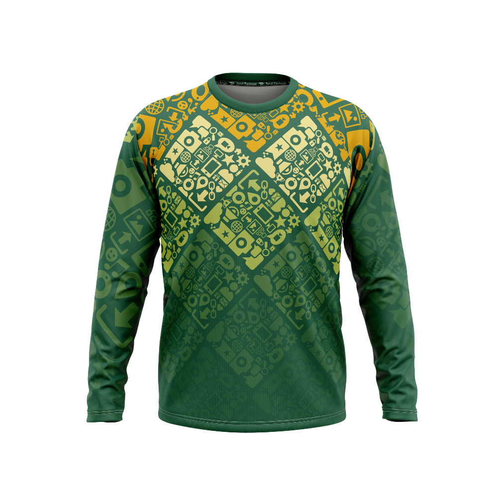 Green long-sleeve shirt with geometric pattern on a white background